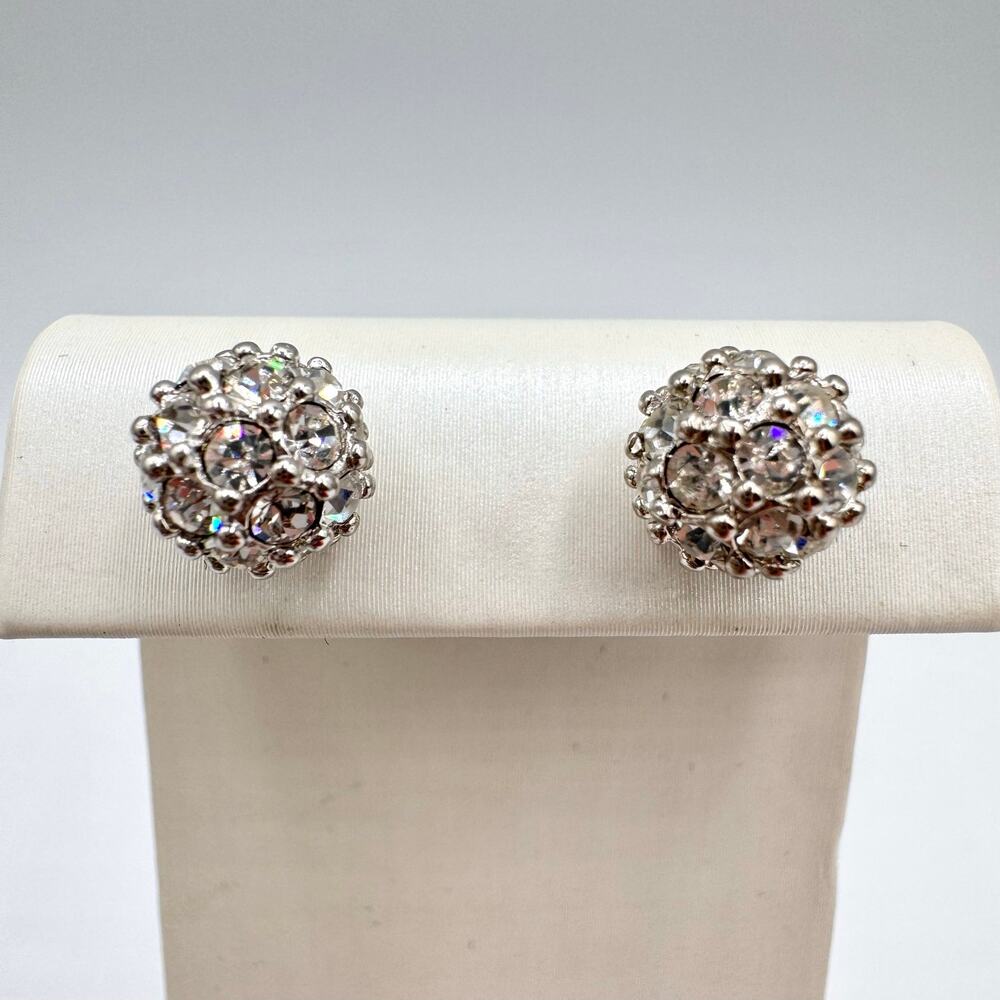 Nolan Miller Pave Crystal Ball Stud Earrings Silver Tone Signed Classic Bridal
